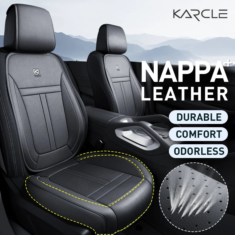Black Nappa leather car seat covers showing a front view of the seat and a close-up of the leather texture.