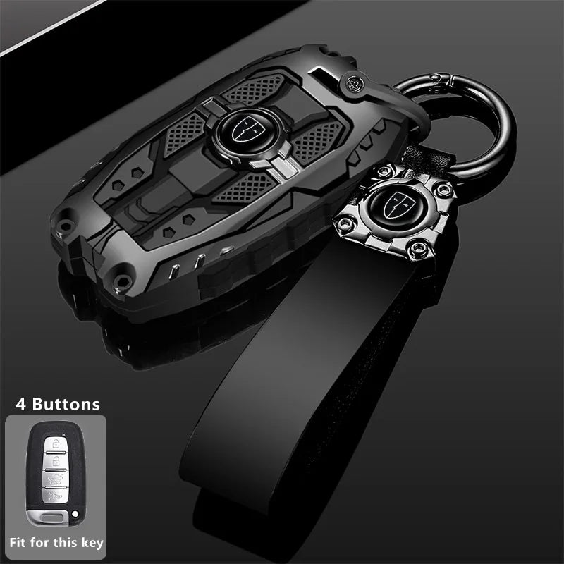 A black universal car key fob cover for Hyundai and Kia models shown in a close-up view.