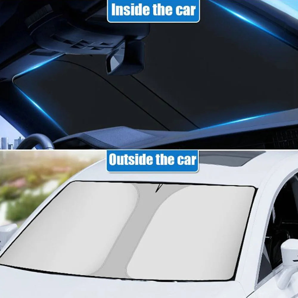 A foldable car windshield sunshade is shown inside and outside a vehicle.