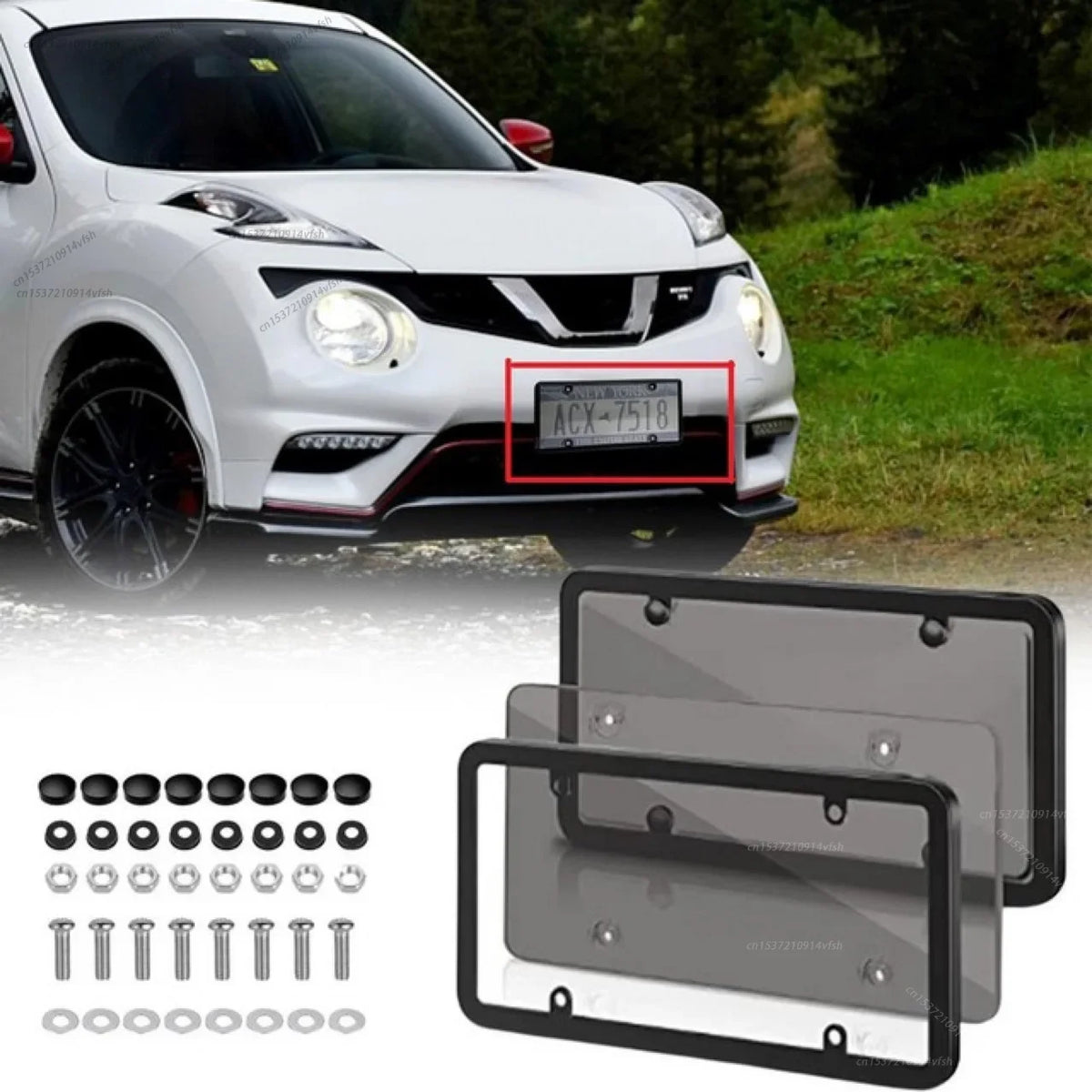 A set of black license plate protectors for US/Canada vehicles, including various sized plates and mounting brackets.