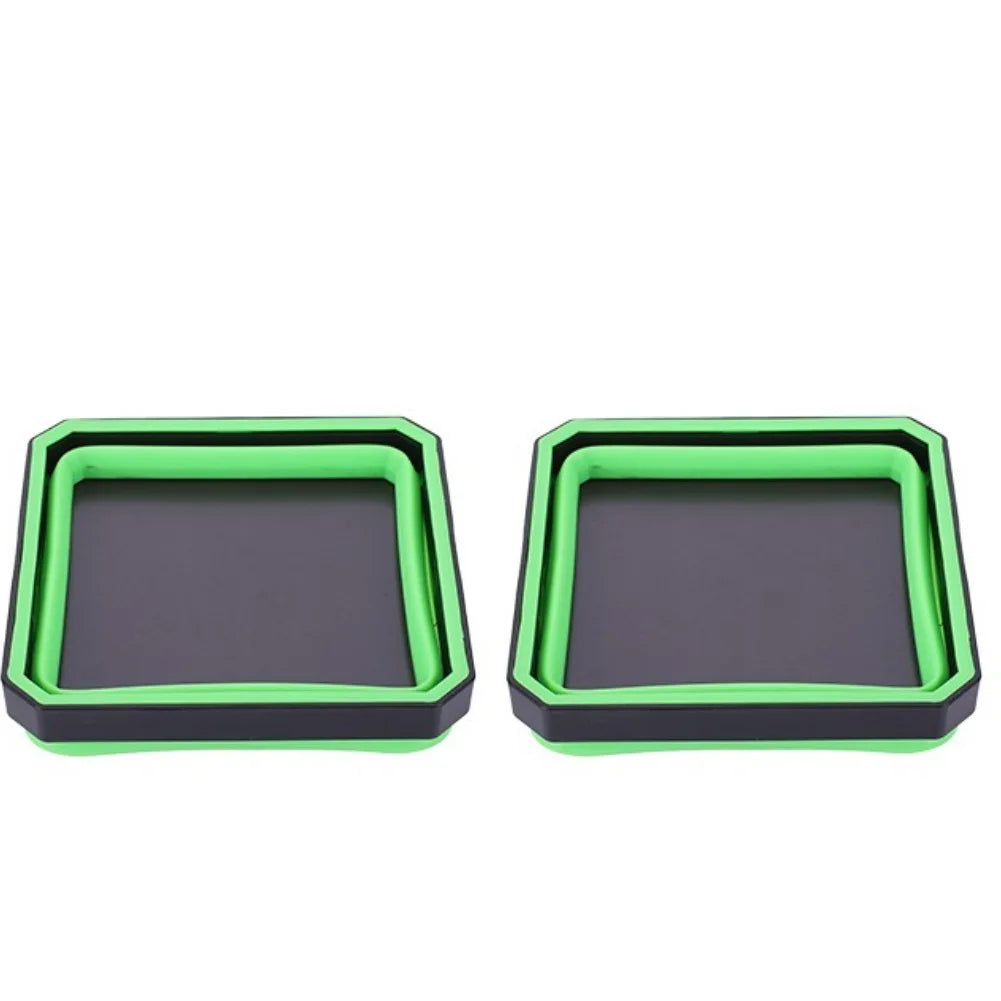 A pair of green and gray collapsible magnetic parts trays for organizing small components.