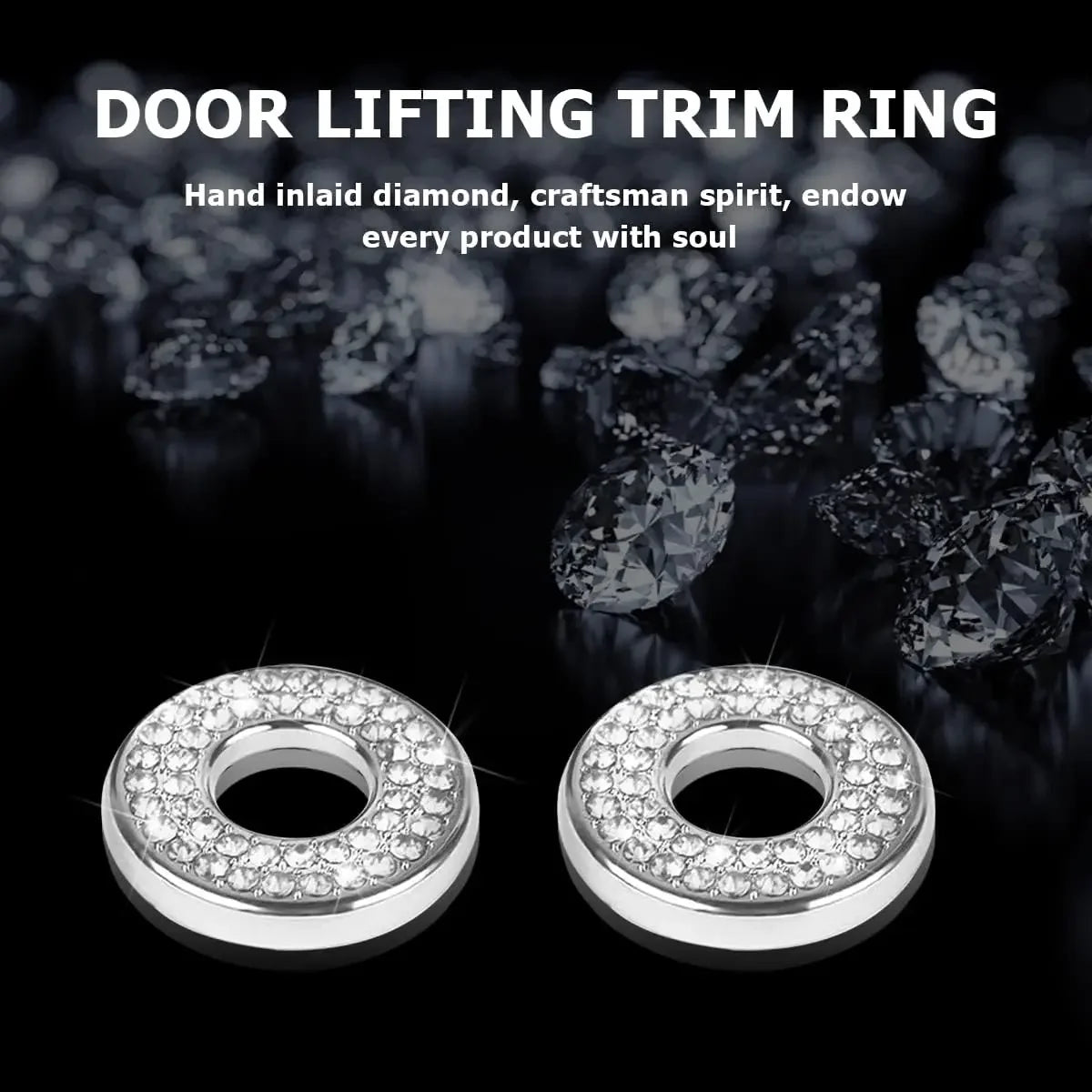 Close-up of a silver door lifting trim ring with sparkling rhinestones.