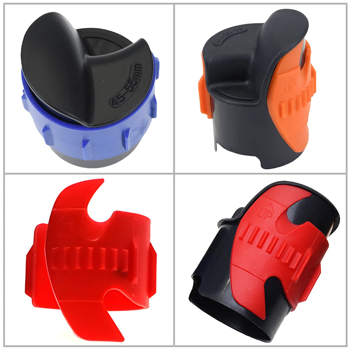A set of four universal motorcycle oil seal cleaning tools in black, orange, and red plastic.
