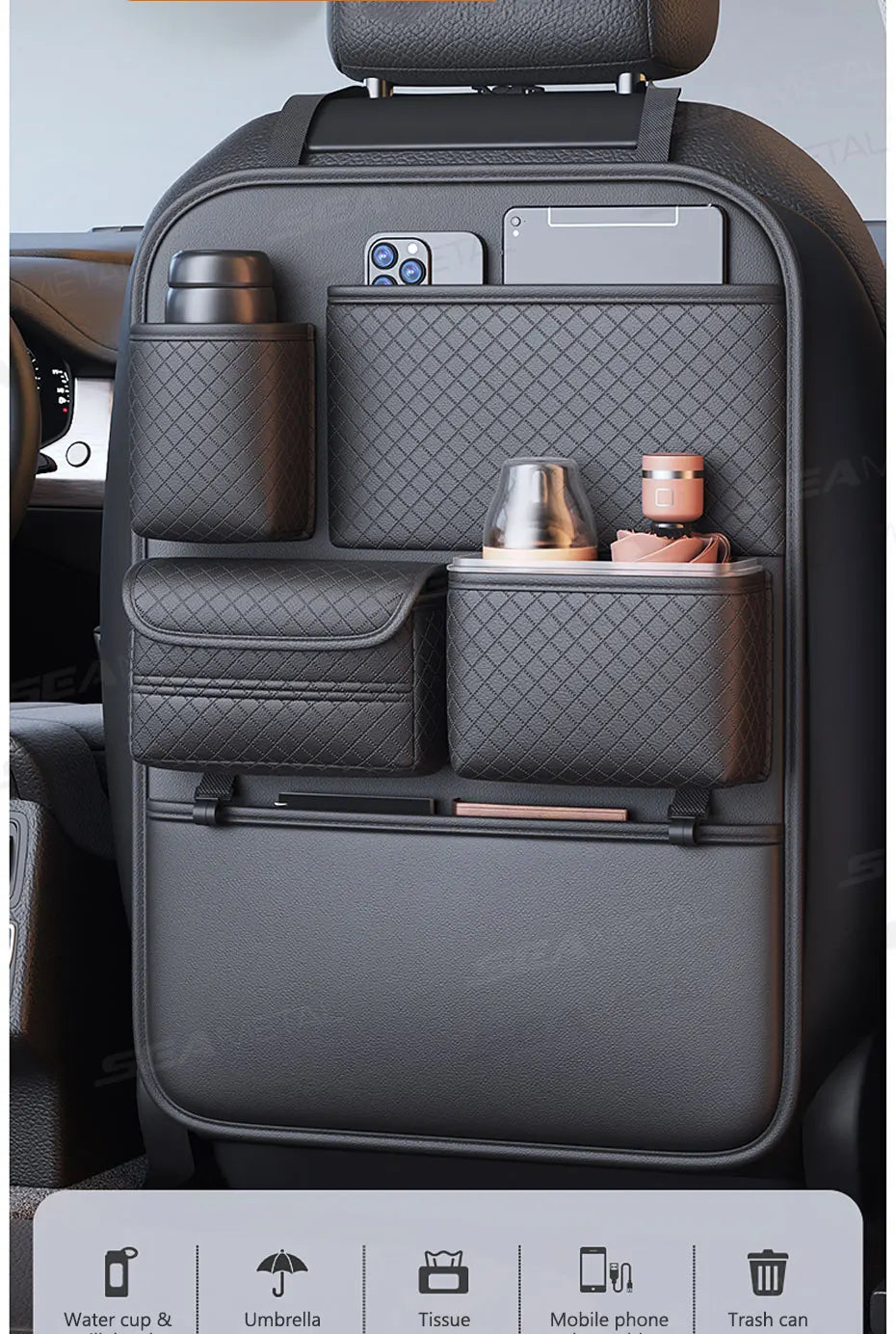 A black luxury car seat back organizer bag with multiple compartments for storing personal items.