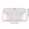 A white No-Drill car windshield sunshade with an orange trim, measuring 145cm by 80cm.