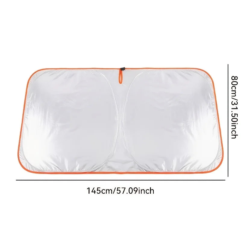 A white No-Drill car windshield sunshade with an orange trim, measuring 145cm by 80cm.