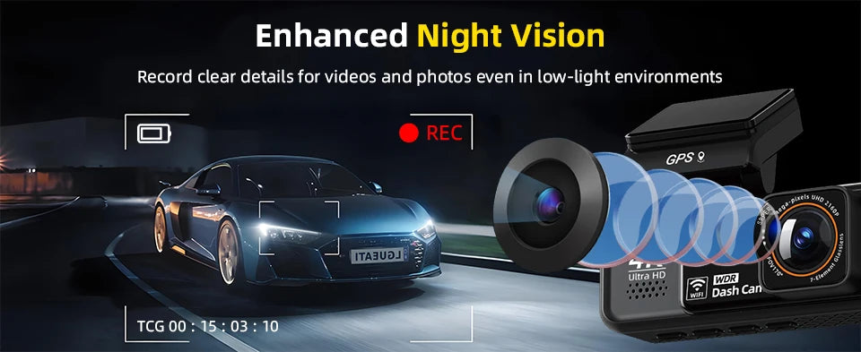 A black sports car is captured by a dual-camera dash cam recording clear details in low-light conditions.