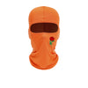 An orange balaclava hat with a brown eye opening and a red rose embroidery on the side.