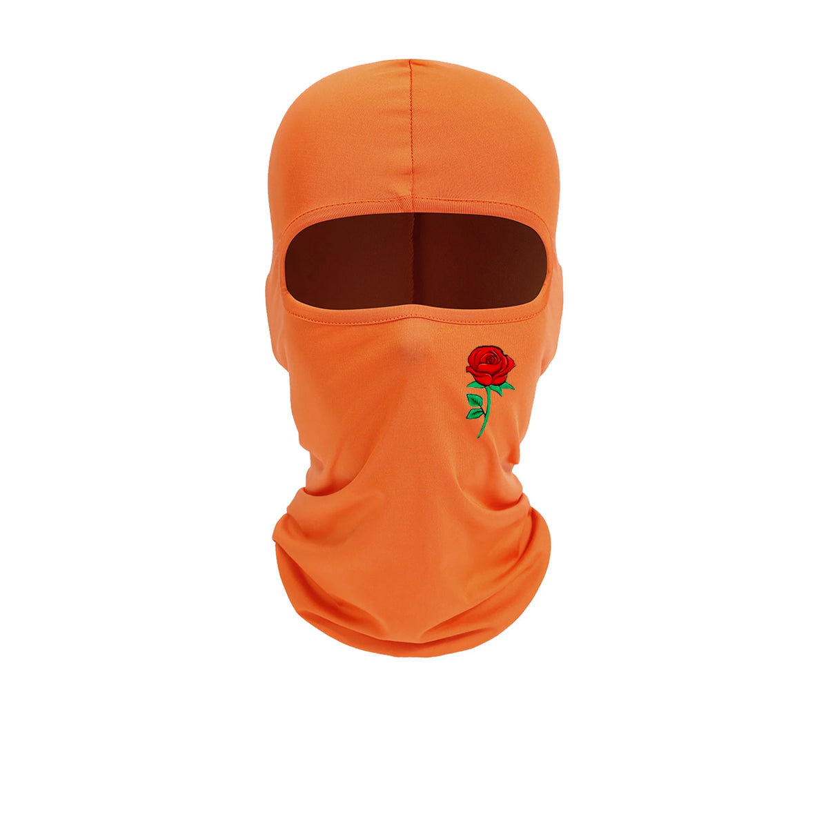 An orange balaclava hat with a brown eye opening and a red rose embroidery on the side.