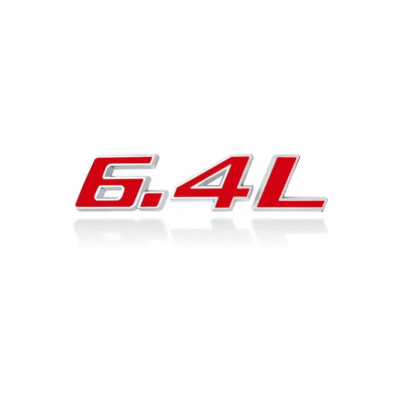 A close-up view of a red 3D metal car fender side and trunk decal.