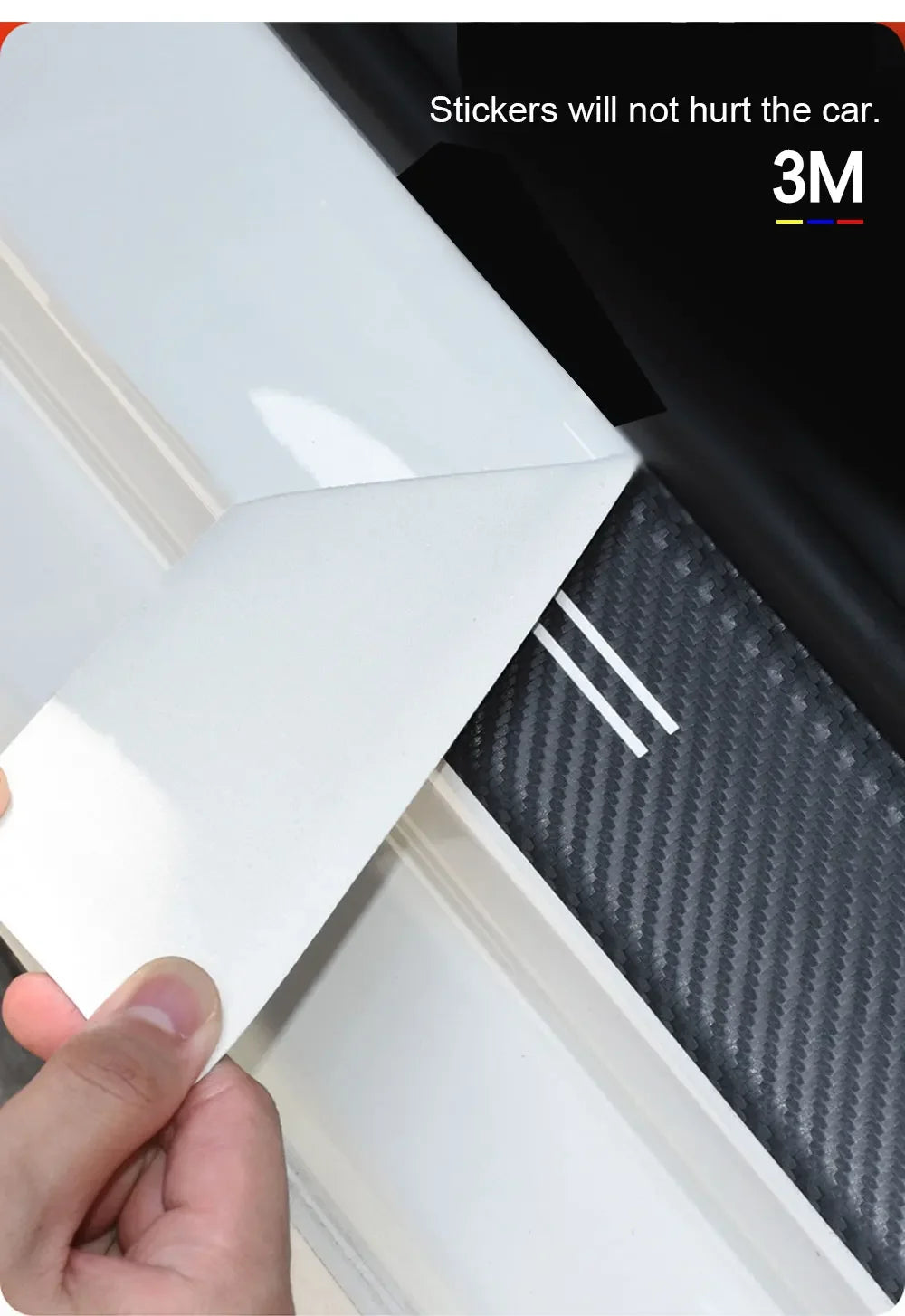 A hand is applying a 3M sticker protector to the door sill of a white vehicle.