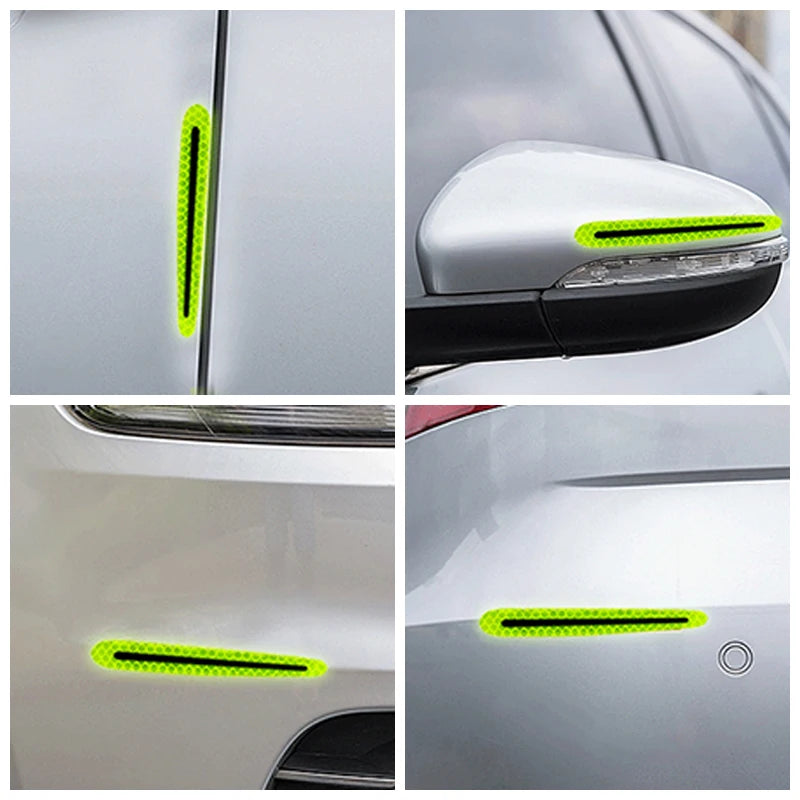Close-up shots of bright neon yellow carbon fiber reflective protectors installed on a car door handle and headlight.