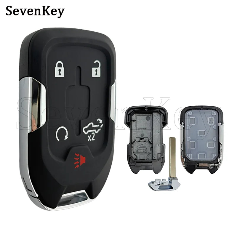 A black replacement smart key fob shell with a silver trim and a metal key blade is shown.