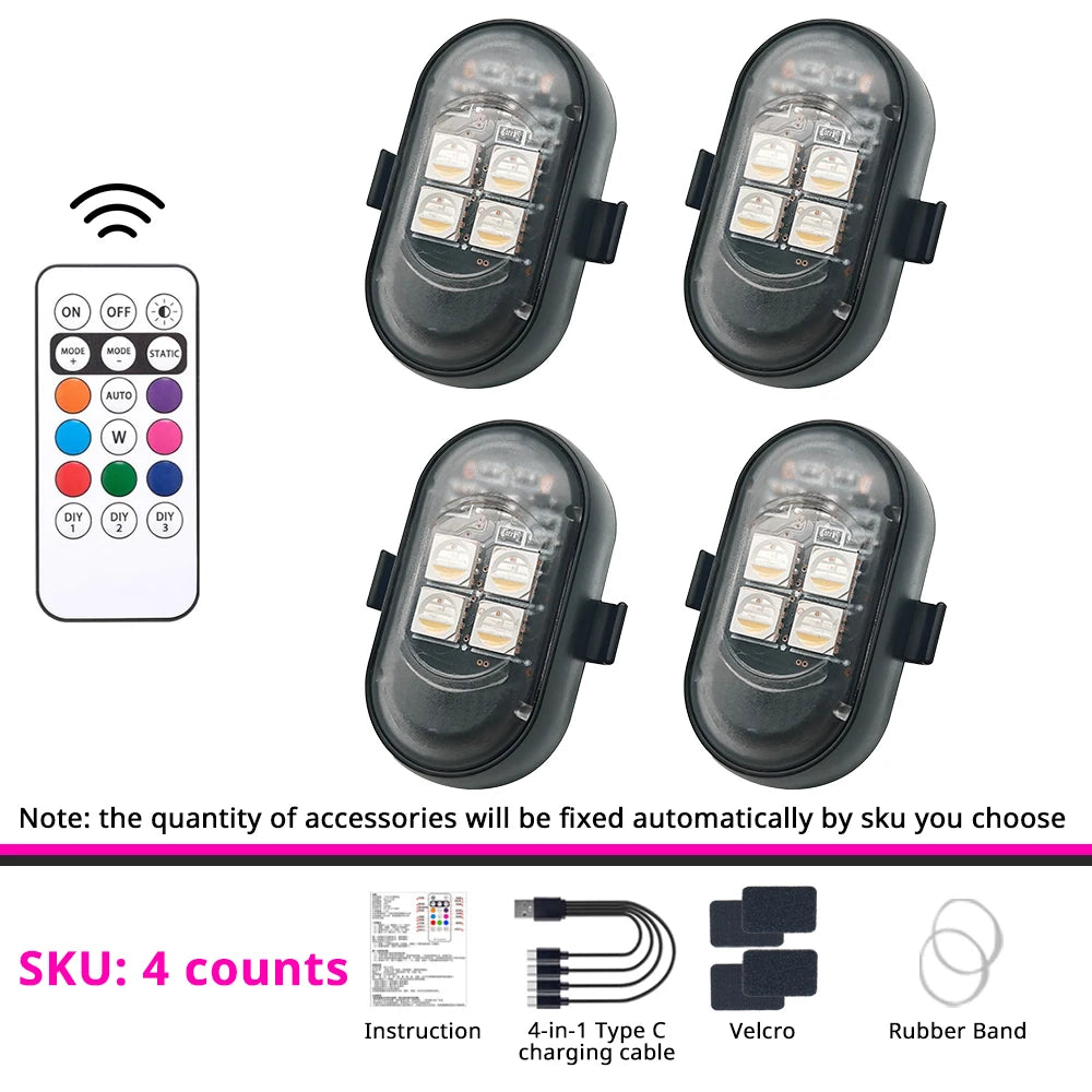 Vier Sets Fernbedienungs-RGB-Stroboslicht für Fahrzeug und Party, mit Zubehör
