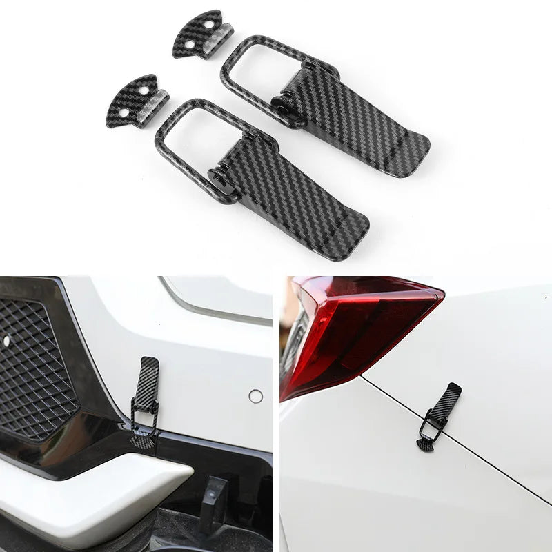 Several black carbon fiber pull buckle repair clips are shown, with one clip installed on a car trunk.