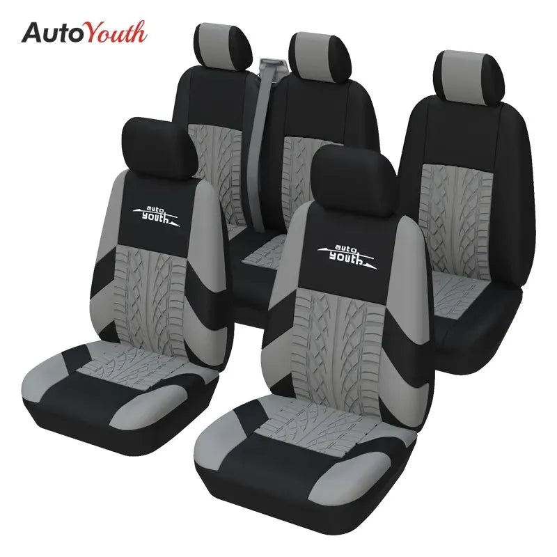 Black and gray universal car seat covers for double front and 2+1 seating arrangement
