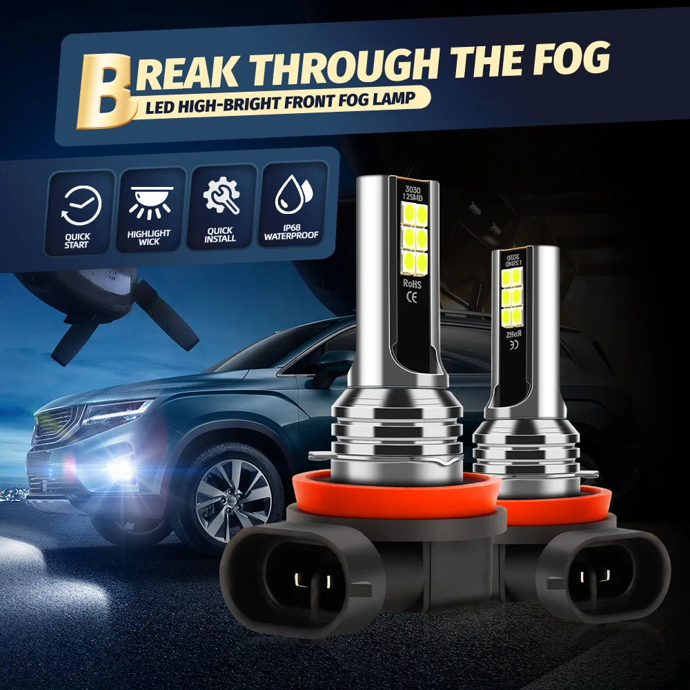 Set an LED-Scheinwerfer für Nebelscheinwerfer, montiert am Auto, zeigt Produkt und Funktionen