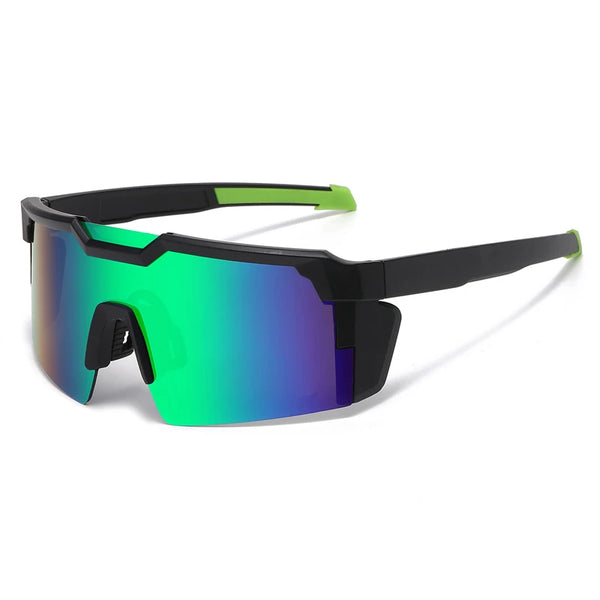 Gafas deportivas de ciclismo negras con monturas verde brillante y lentes azul verdoso iridiscentes