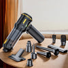 A black cordless handheld car vacuum cleaner with various attachments resting on a wooden surface.