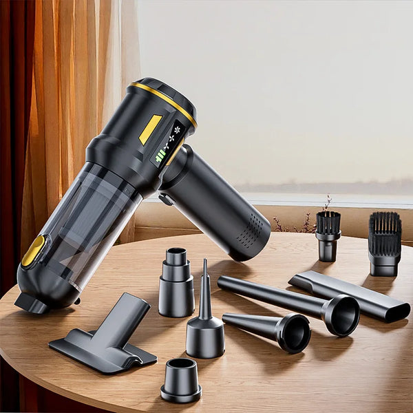 A black cordless handheld car vacuum cleaner with various attachments resting on a wooden surface.