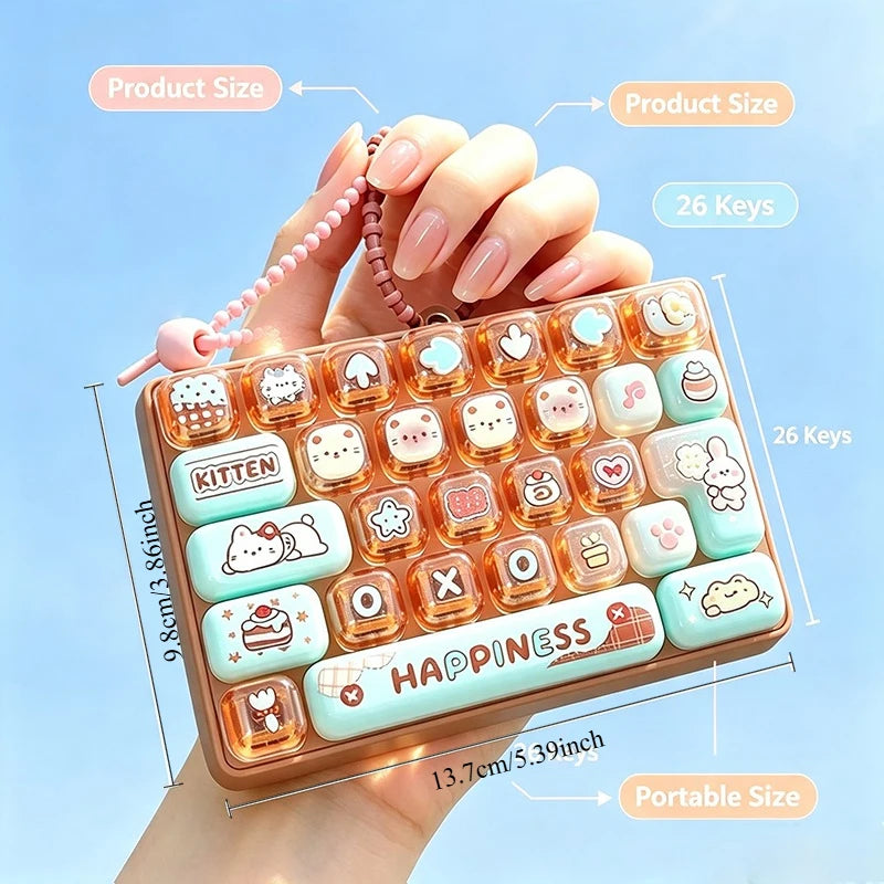 A hand holds a brown keycap stress relief button set featuring various cartoon-themed keycaps and a happiness design.