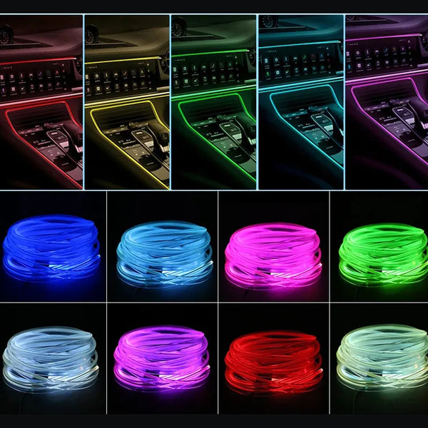 Various colors of flexible LED light strips and strips installed in a car interior