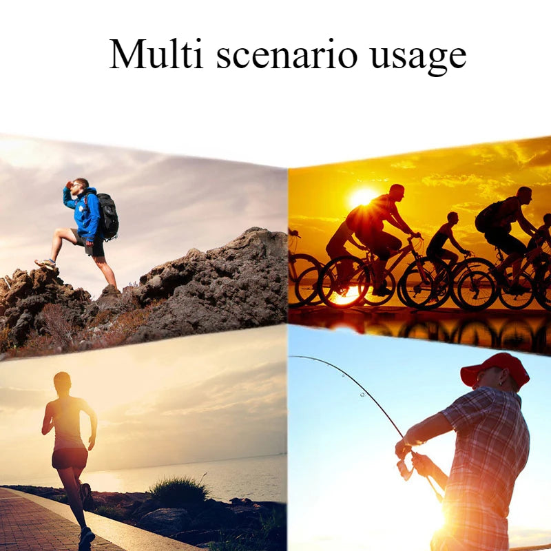 A collage showing people engaging in various outdoor activities like biking, fishing, and hiking under bright sunlight.