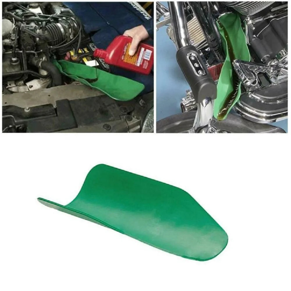 A green flexible drain oil guide plate used for draining engine oil.