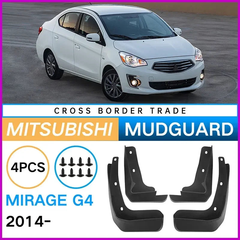 Set of durable front and rear mudflaps for a 2014-2024 Mitsubishi Mirage G4 vehicle.