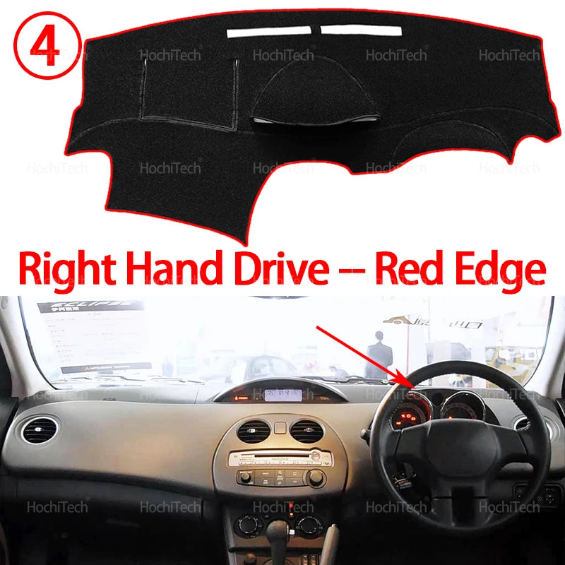 A black dashboard cover with a red edge for a right hand drive vehicle, shown next to a steering wheel.