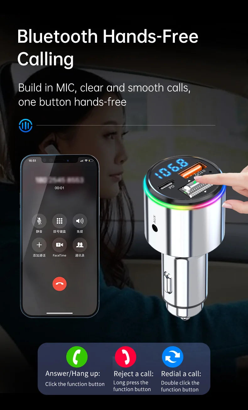 A Bluetooth hands-free calling device is shown next to a smartphone, demonstrating its use for clear calls.
