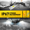 Close-up of an IP67 waterproof LED headlight bulb and a car's bright headlights shining in the dark.