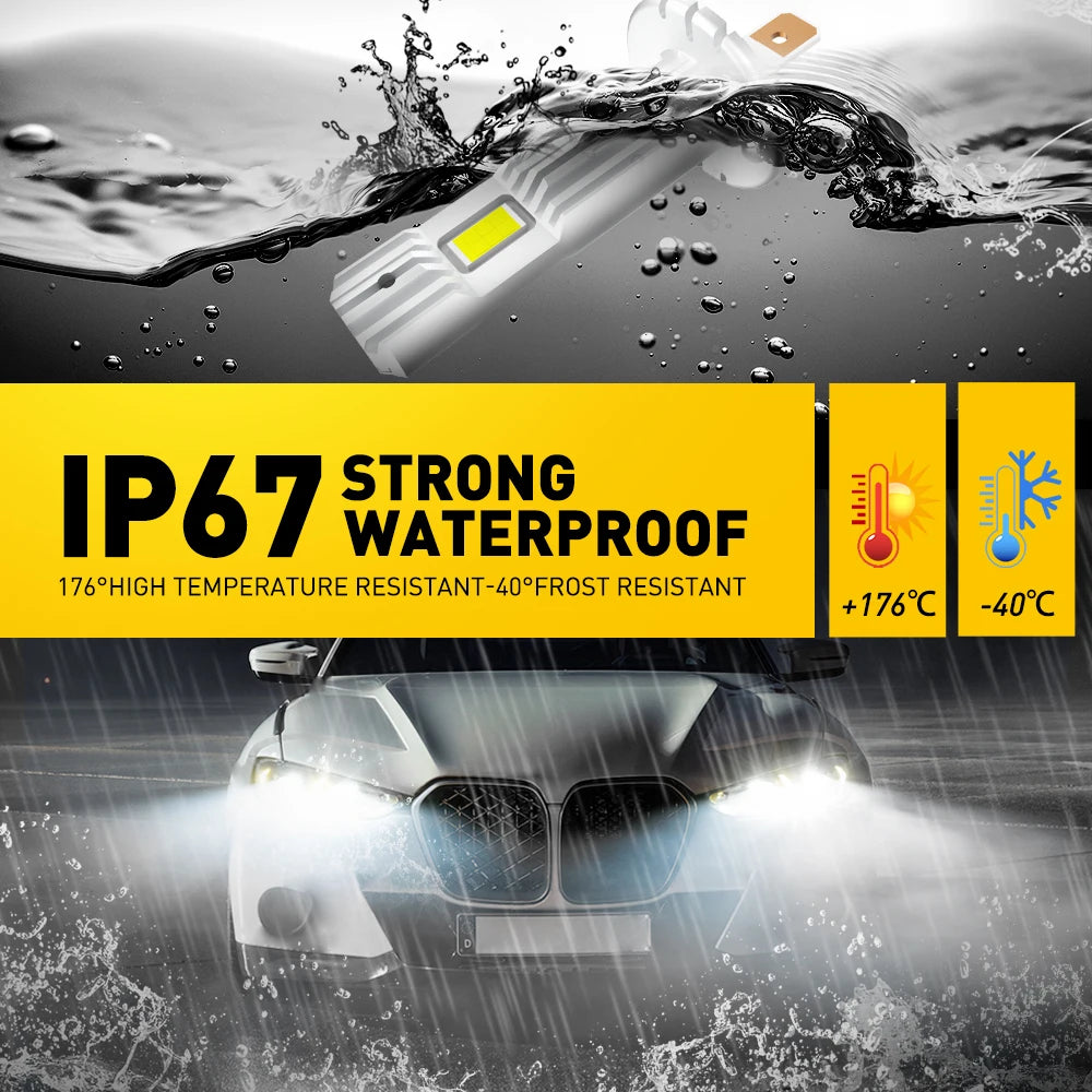 Close-up of an IP67 waterproof LED headlight bulb and a car's bright headlights shining in the dark.