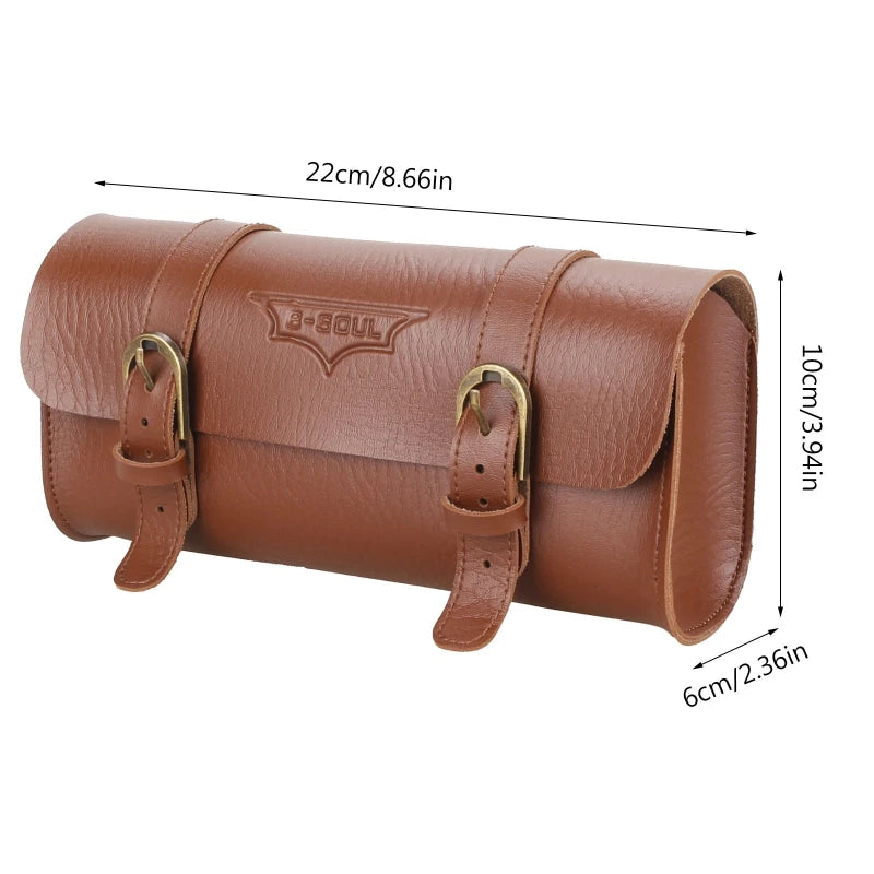 Brown PU leather motorcycle handlebar saddlebag with leather straps and buckle details.