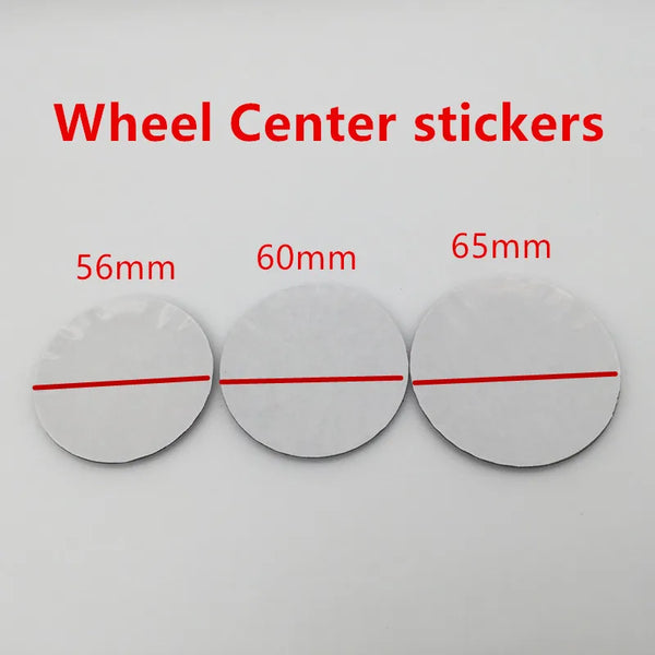 Three round white stickers marked with diameters of 56mm, 60mm, and 65mm for car wheel center caps