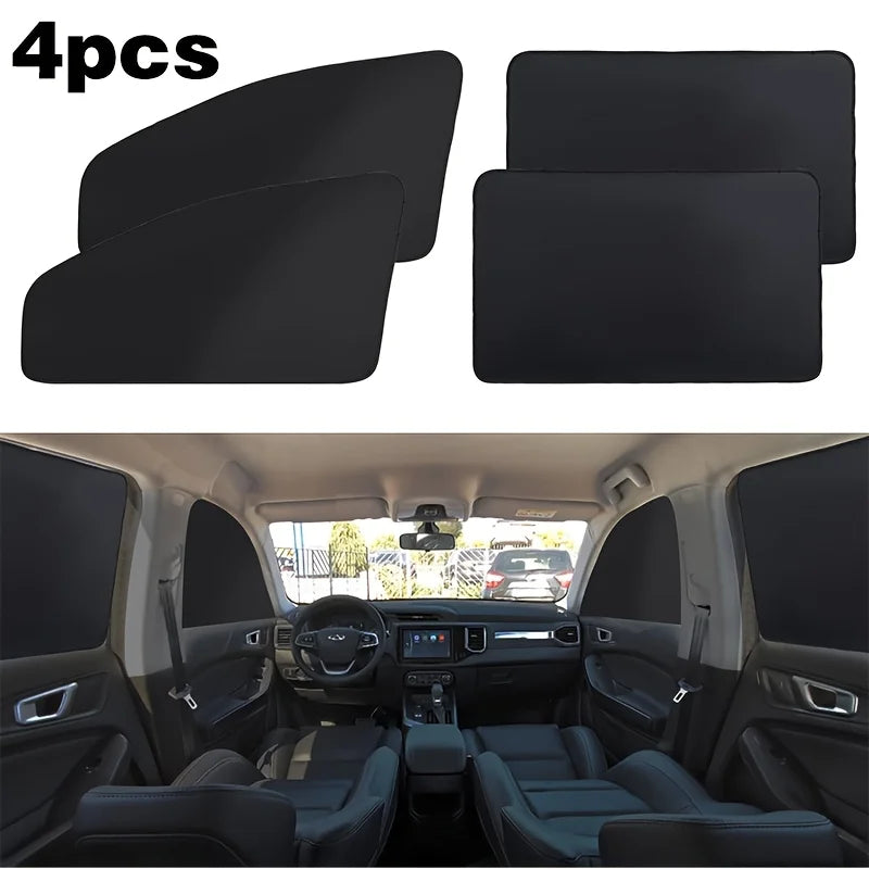 Four black magnetic car window sunshades shown next to a car interior.