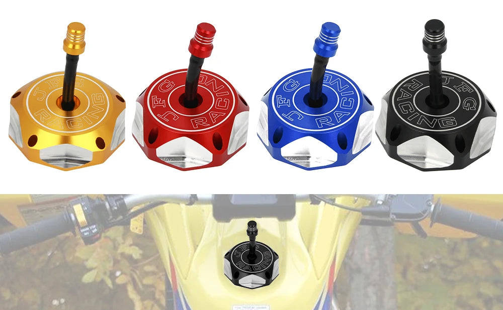 Four colored CNC machined fuel tank caps for Suzuki motorcycles displayed individually.