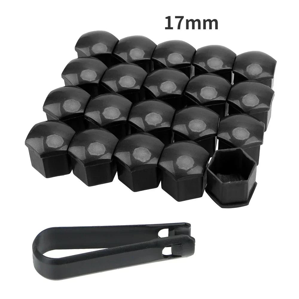 A set of 17mm black car wheel nut protection covers and a corresponding tool.