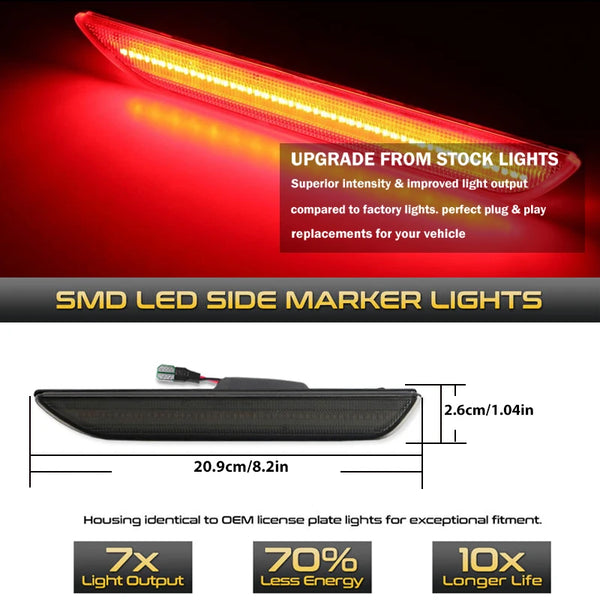 Red SMD LED side marker lights for vehicles, showing upgrade benefits and dimensions.