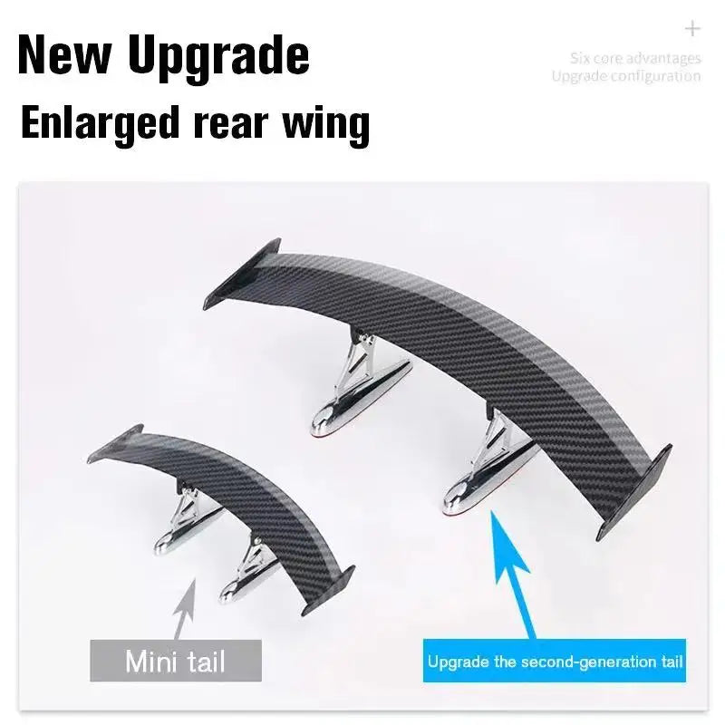 A black carbon fiber enlarged rear wing and a mini tail component for an upgrade configuration.