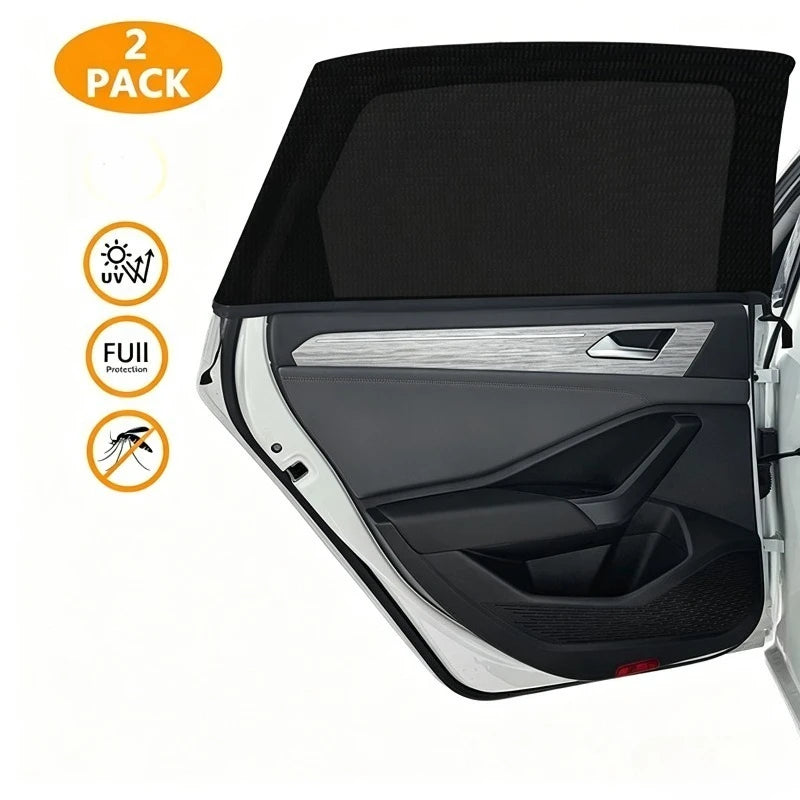 Two packs of black car window mesh sun shades with built-in mosquito protection installed in a vehicle window.