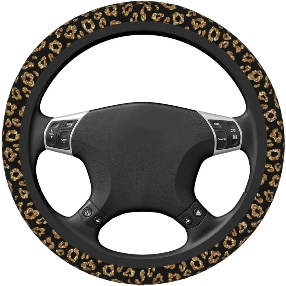 Black steering wheel cover with a leopard cheetah print pattern and silver buttons