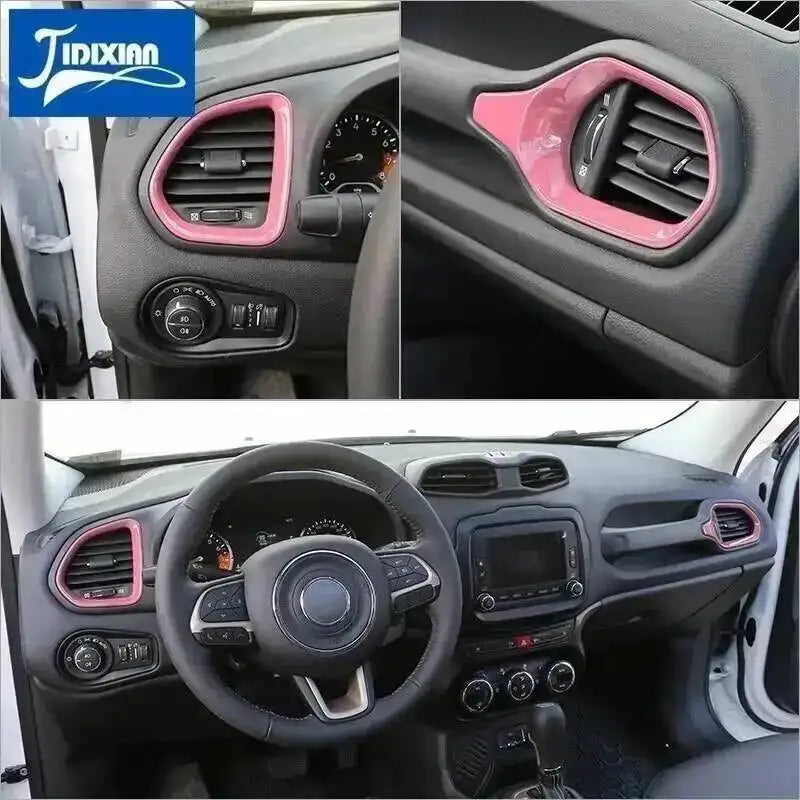 Close-up view of pink air vent covers installed in the dashboard of a Jeep Renegade vehicle.