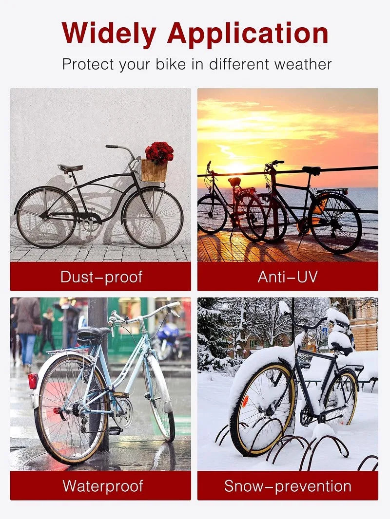 A heavy duty waterproof bicycle cover is shown protecting a bicycle in various weather conditions like dust, UV light, water,