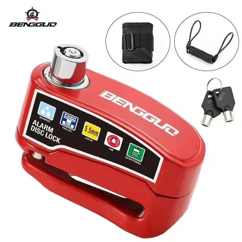 Dispositivo de alarma con freno de disco universal rojo, tapa plateada y pines de bloqueo incluidos.