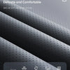 Close-up of black Nappa leather fabric showing texture and features like breathable, easy clean, no smell, and durable.