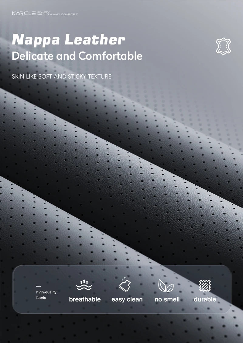 Close-up of black Nappa leather fabric showing texture and features like breathable, easy clean, no smell, and durable.