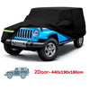 Black heavy-duty waterproof car cover protecting a blue Jeep Wrangler or SUV.