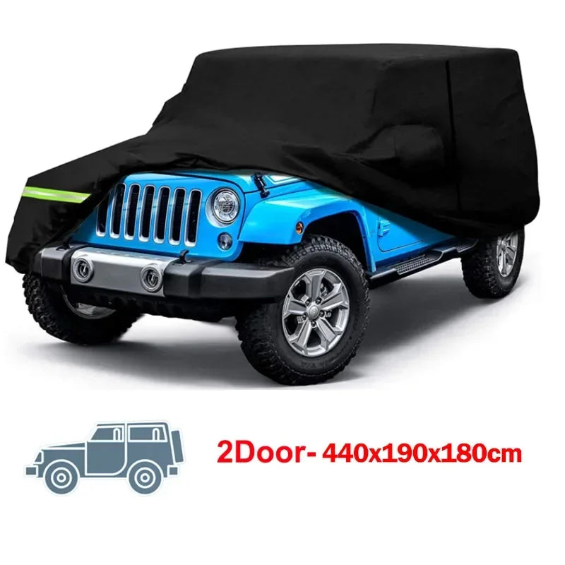 Black heavy-duty waterproof car cover protecting a blue Jeep Wrangler or SUV.