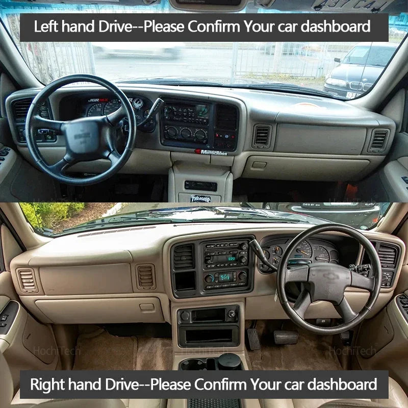 Two views of a car dashboard cover, showing left-hand and right-hand drive configurations for a Chevrolet Silverado.